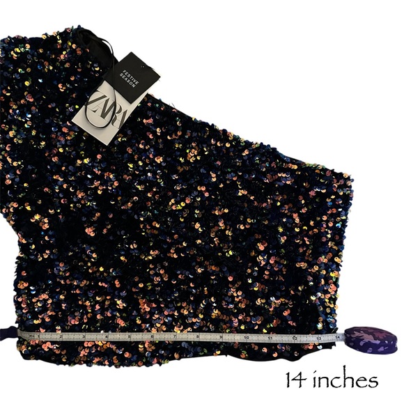 ZARA Sequined asymmetrical one shoulder crop top long sleeves size Medium NWT - Picture 15 of 15